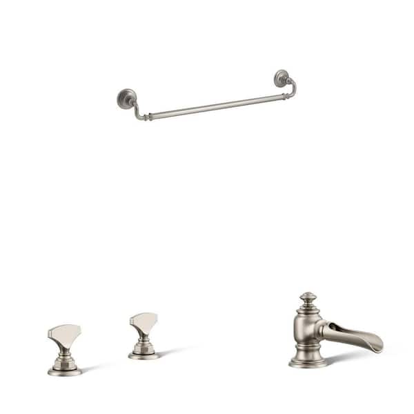 Artifacts 24 in. Towel Bar, Widespread Faucet Handles and Flume Sink Spout in Vibrant Brushed Nickel