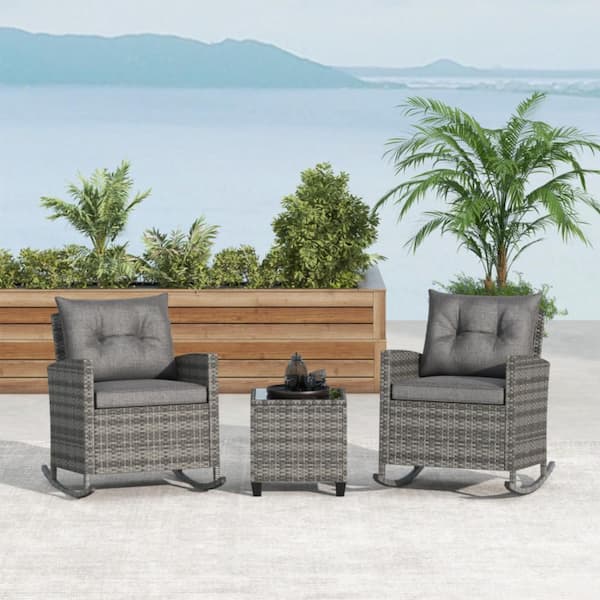 Kadehome 3-Piece Patio Rattan Wicker Outdoor Rocking Chair with Beige Cushions and Tempered Glass Table Wicker Rocker Set