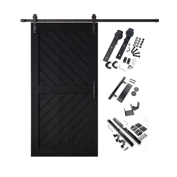 XT4 36 in. x 80 in. C-Panel Black Slanted Stripe Design Solid Pine Wood Sliding Barn Door with Hardware Kit