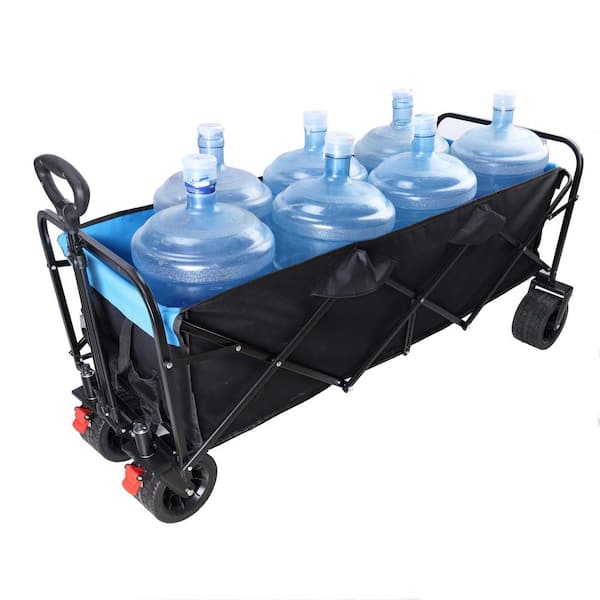 9 cu.ft. Steel Garden Cart, Large Capacity Folding Cart, Extra Long Extender Wagon Cart, Black and Blue