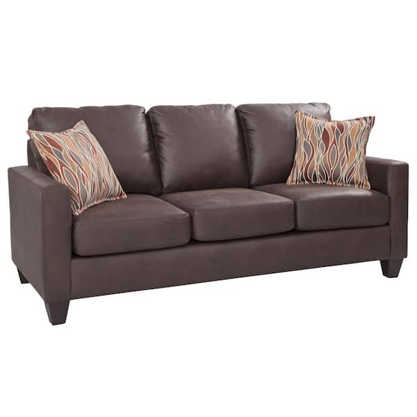 American Furniture Classics Square Arm Series 78 in. W Square Arm Faux Leather Straight Sofa with Two Accent Pillows in Pinto Brown