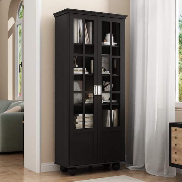 FUFU&GAGA 31.5 in. W, Black Wooden 2-Door Accent Storage Cabinet, Bookcase with 5-Shelves Storage and Acrylic Glass Doors