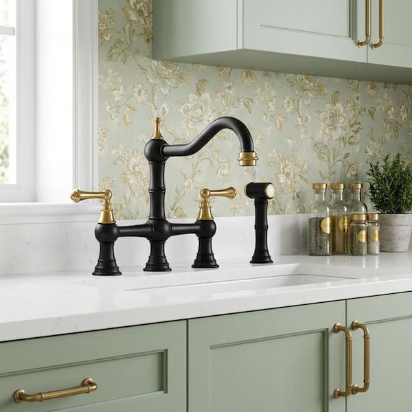 Antique Design Double Handle Bridge Kitchen Faucet with Side Sprayer in Black and Gold