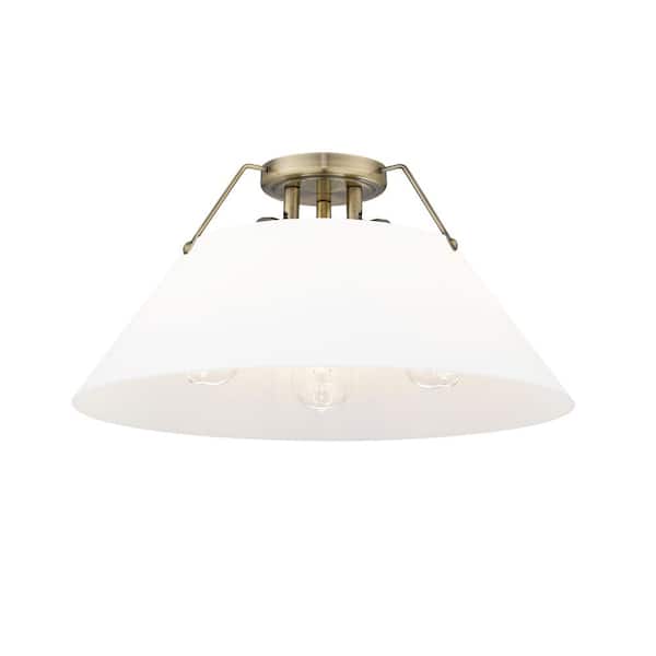 Golden Lighting Orwell 18.75 in. 3-Light Aged Brass and Opal Glass Flush Mount