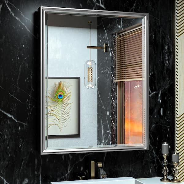KeonJinn 24 in. W x 30 in. H Rectangular Silver Aluminum Alloy Framed Recessed/Surface Mount Medicine Cabinet with Mirror