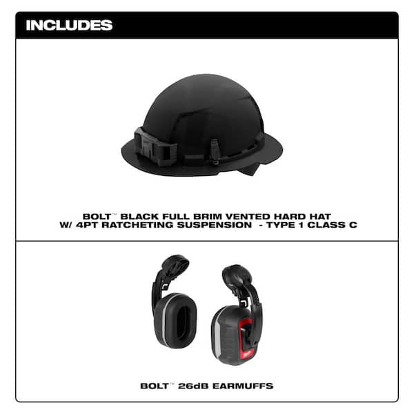BOLT Black Type 1 Class C Full Brim Vented Hard Hat with 4 Point Ratcheting Suspension W/BOLT HP Cap Mounted Ear Muffs