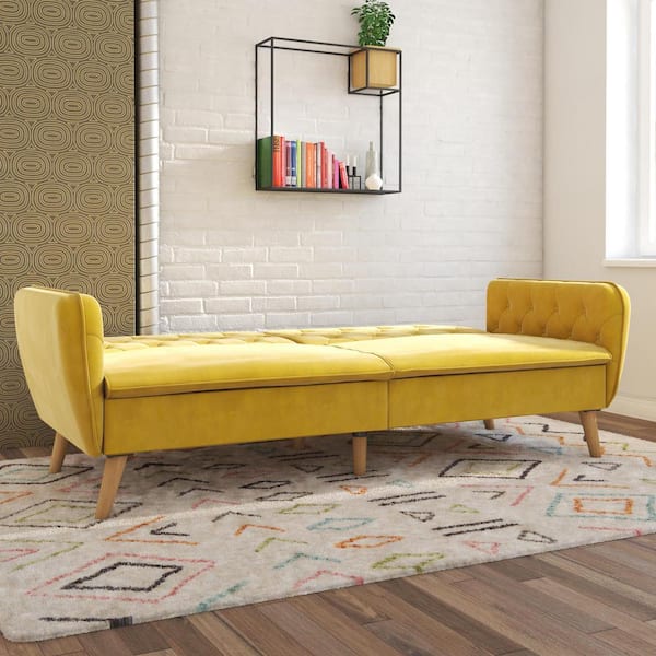 Tallulah Memory Foam Mustard Yellow Velvet Futon