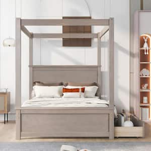 Brushed Light Brown Wood Frame Full Size Canopy Bed with 2-Drawers and 3-Central Support legs