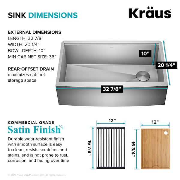 KRAUS Kore 16-Gauge Stainless Steel 33 in. Single Bowl Farmhouse Apron  Workstation Kitchen Sink with Accessories KWF210-33 The Home Depot