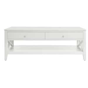 Oakley 48 in. White Large Rectangle Wood Coffee Table with 2-Drawers