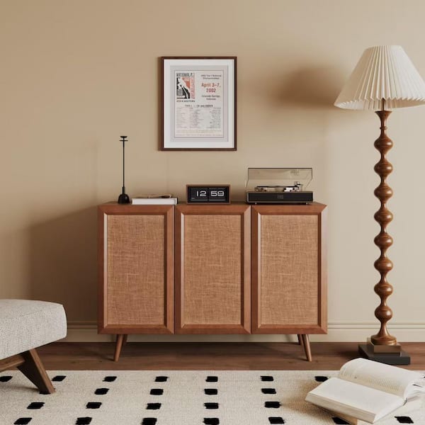 Walnut 47 in. Farmhouse Style Sideboard Cabinet with Rattan Pattern Doors and Adjustable Shelves Accent Cabinet TV Stand