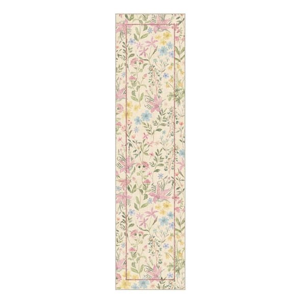 2 ft. x 8 ft. Green Floral Washable Area Rug