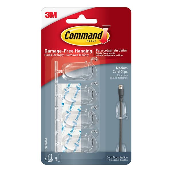 Command Medium Clear Cord Clips with Clear Strips (4 Clips, 5 Strips-Pack)