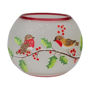 5 in. White Hand Painted Finches and Pine Flameless Glass Candle Holder