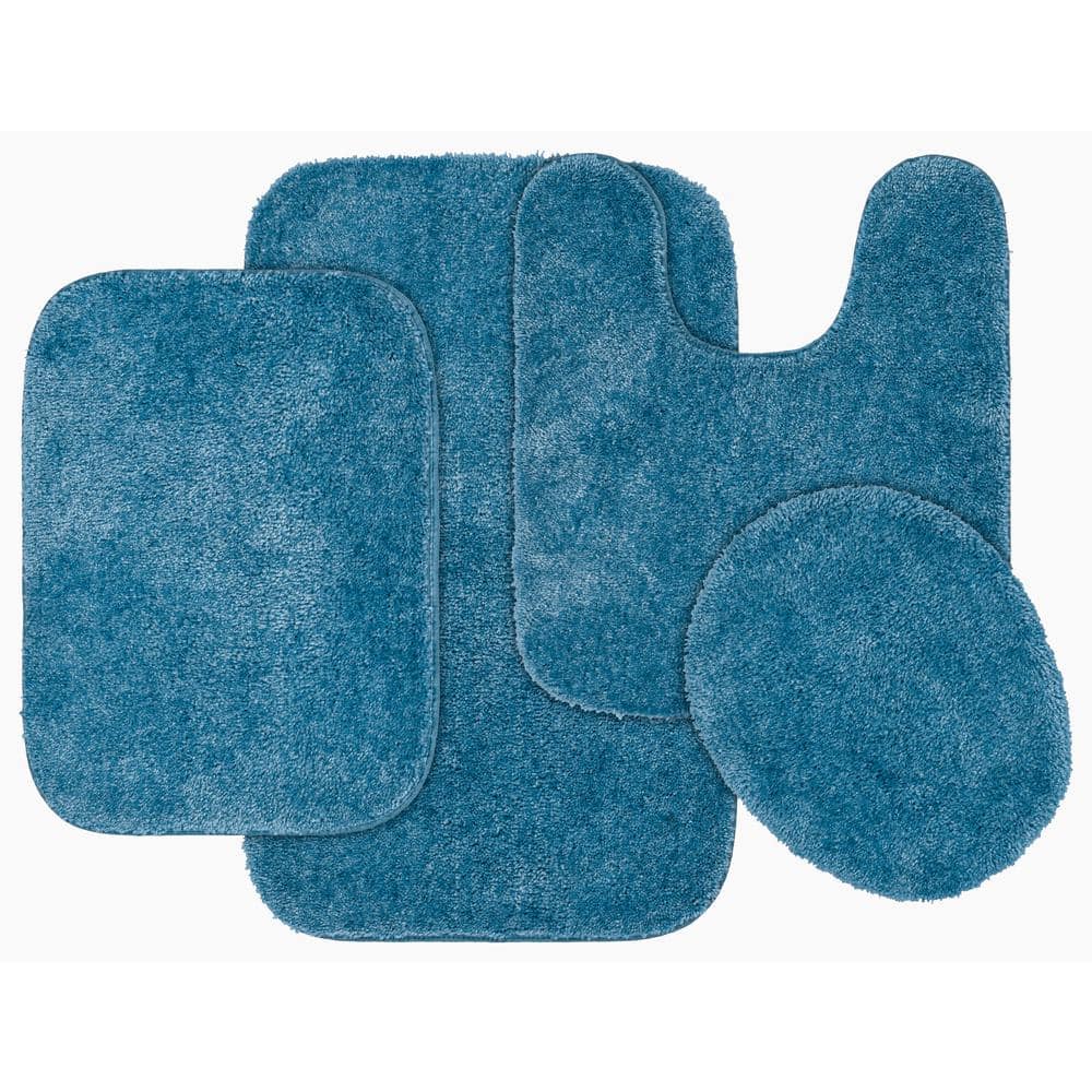 Basin Blue Plush Nylon Traditional 4-Piece Bath Rug Set