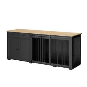 Wooden Large Dog Crate Storage Cabinet, Heavy Duty Dog Kennel with 2 Drawers and Sliding Door for Large Medium Dog,Black