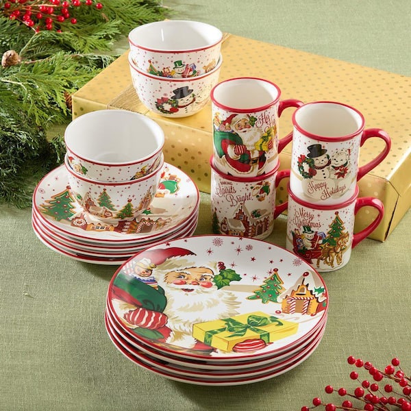 Certified International Santa's Retro Christmas 16-Piece Ceramic Assorted Colors Dinnerware Set (Service Set for 4)