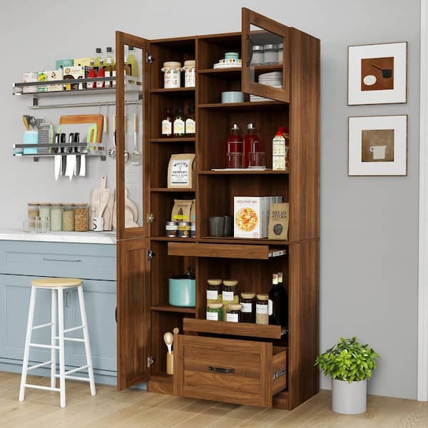 Kozue 70.87 in. H Walnut Wood Pantry Storage Cabinet with 3 Doors and 1 Drawer