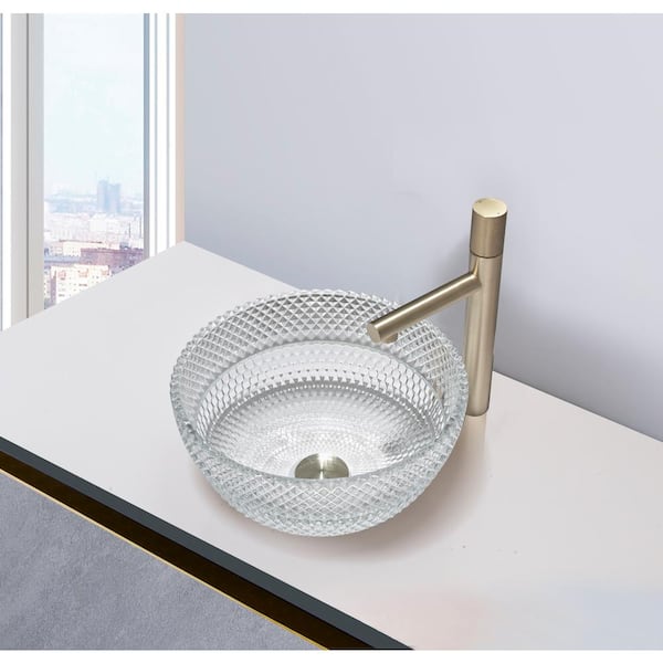 Jewel 13 in. Modern Clear Transparent Tempered Glass Crystal Round Bowl Vessel Sink