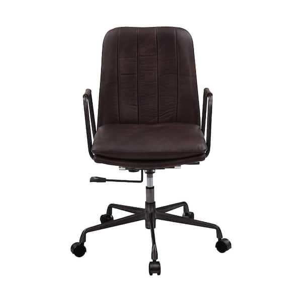 Acme Furniture Eclarn Brown Top Grain Leather Office Chair with Metal Arms