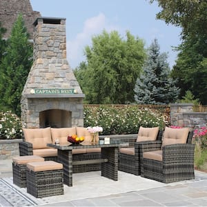 6-Piece PE Rattan Wicker Outdoor Patio Furniture Sectional Conversation Set with Brown Cushions for Garden Backyard