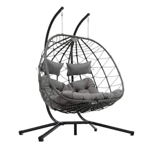 2-Person Wicker Egg Chair Porch Swing with Blue Light Gray Cushion and Stand