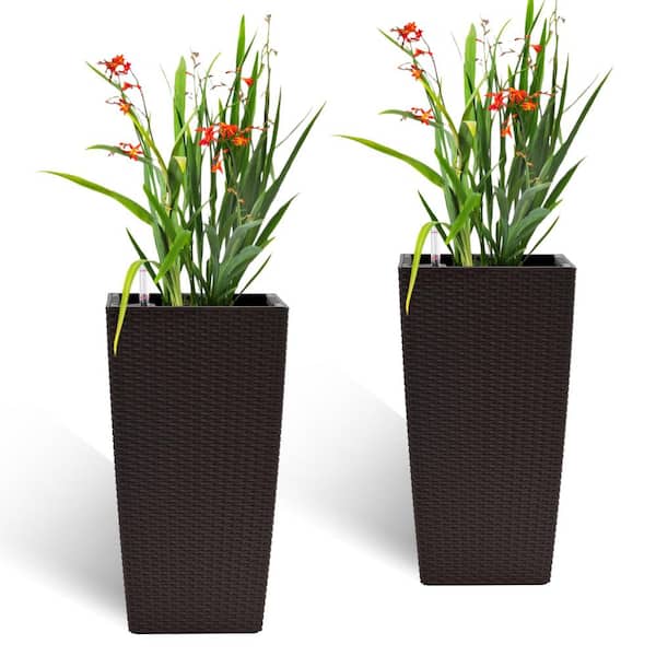 22 in. H Brown Plastic Square Planter, Flower Pot with Automatic