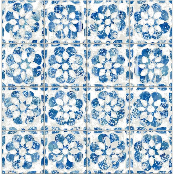 Advantage Izeda Blue Floral Tile Matte Non-Pasted Non-Woven Wallpaper Sample
