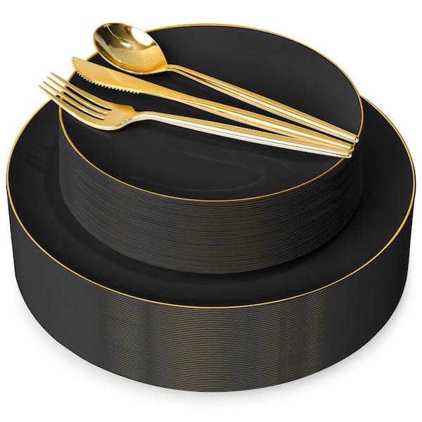150-Piece Black Disposable Plastic Dinnerware Set (Service for 30) with Dinner Plate, Dessert Plate, Gold Cutlery Set