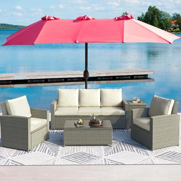 Maincraft Gray 5-Piece Outdoor Wicker Patio Conversation Set with Beige Cushions, Side Table