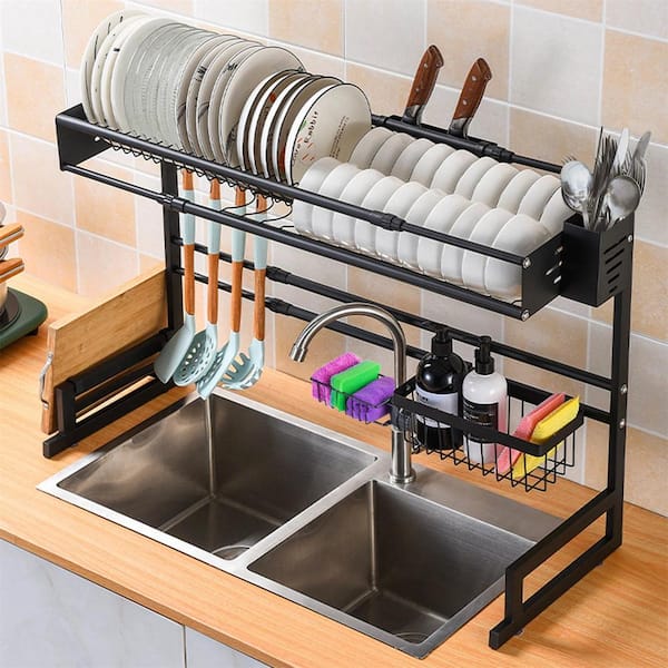 Aoibox Single Tier Aluminum Expandable Drying Dish Rack with Drainboard and  Rotatable Drainage Spout in Dark Gray HDSA17KI005 - The Home Depot