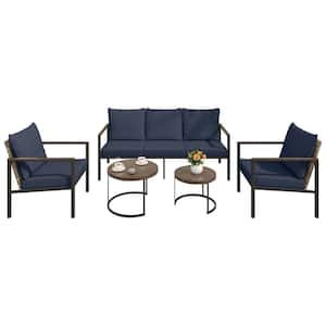 4-Piece Wicker Outdoor Patio Conversation Set with Bule Cushions, 3-Seater Sofa, Armchairs, and Nesting Coffee Tables