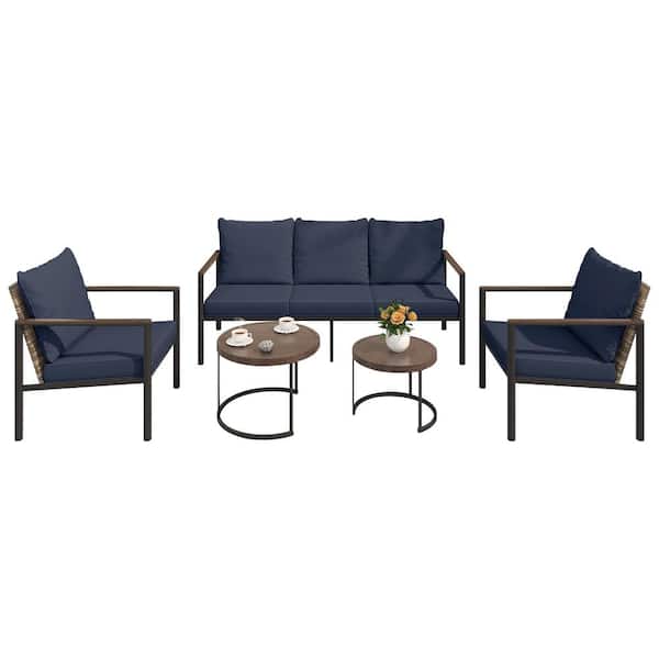 INMITOM 4-Piece Wicker Outdoor Patio Conversation Set with Bule Cushions, 3-Seater Sofa, Armchairs, and Nesting Coffee Tables