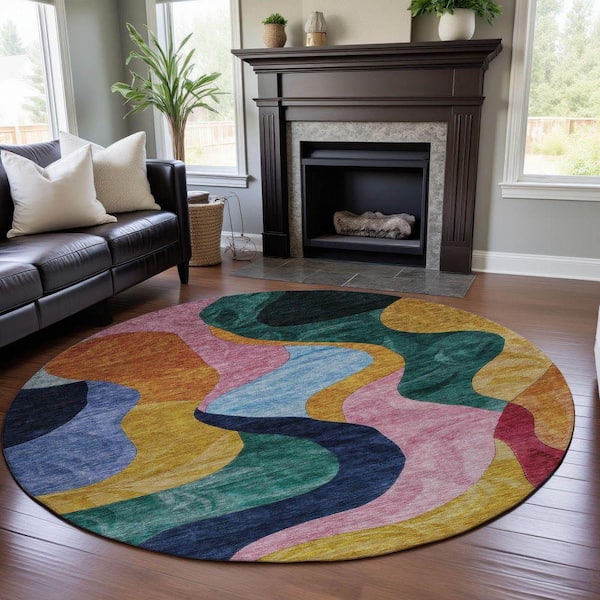 Mayfield Premium Machine Washable Abstract AMF1120 Green 8 ft. x 8 ft. Round Rug