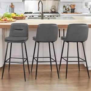 30 in. Gray Metal Frame Faux Leather Upholstered Bar Chairs Armless Bar Stools with Back and Footrest (Set of 3)