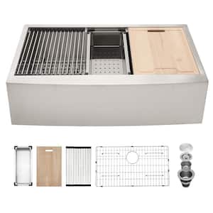 33 in. Farmhouse/Apron-Front Single Bowl 18-Gauge Stainless Steel 9 in. Deep Workstation Kitchen Sink with Cutting Board