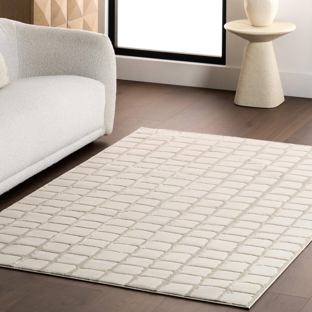 Eunice Modern Beige Checkered 4' x 6' Machine Washable Area Rug