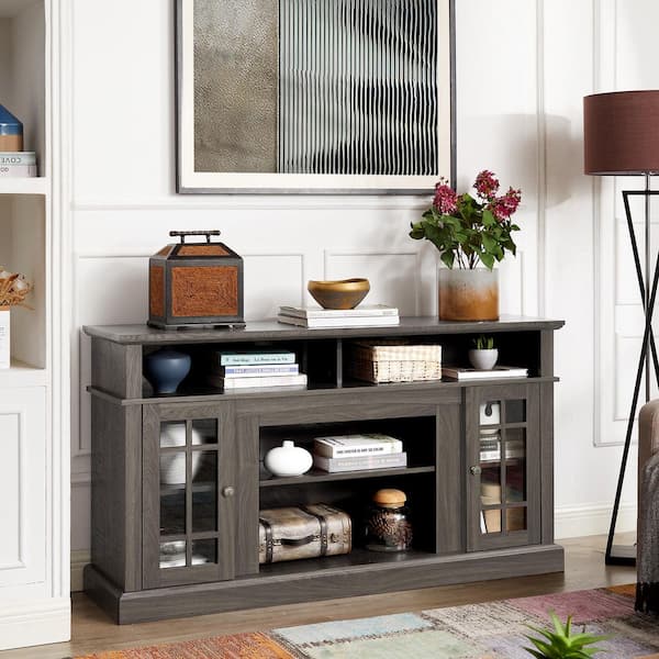 ToolCat 58.25 in. Freestanding Electric Fireplace TV Stand with 23 in. Electric Fireplace Insert, Storage Space, Dark Walnut