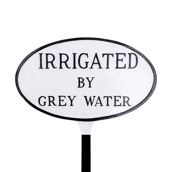 Montague Metal Products 6 in. x 10 in. Small Oval Irrigated By Grey Water Statement Plaque Sign with Lawn Stake - White/Black