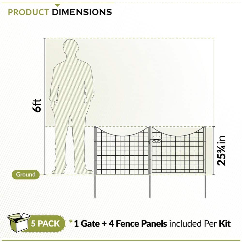 25in H Black Metal No Dig Garden Fence Panels with Gate