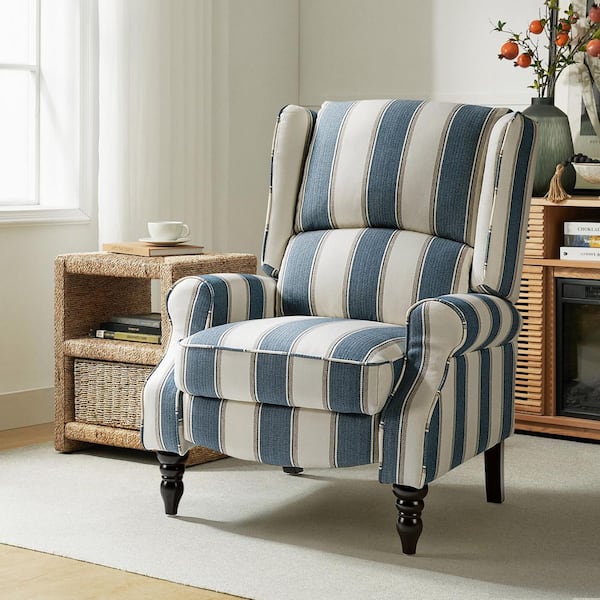 Bogazk Contemporary Classic Stripe Navy Upholstered Standard Manual Wingback Recliner With Solid Wood Legs