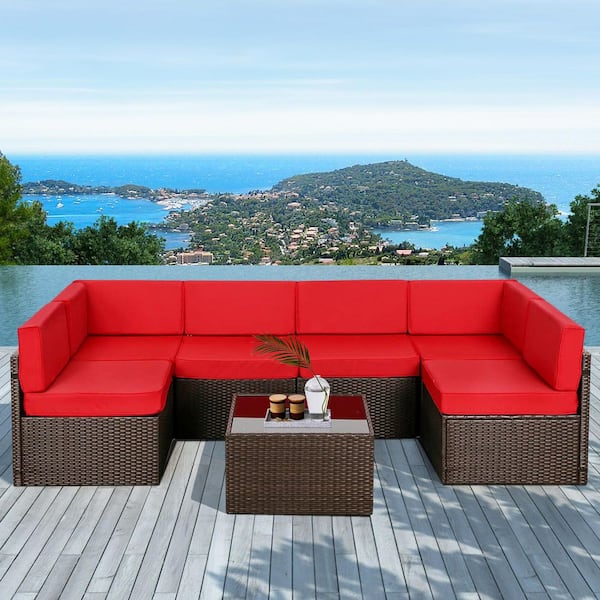 Tenleaf 7-Piece Brown Wicker Outdoor Sofa Sectional Set Conversation Sets with Red Cushions