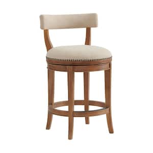 Hanover 37 in. Weathered Brown and Beige Rubberwood Swivel Counter Height Bar Stool With Cushioned Seat and Low Back