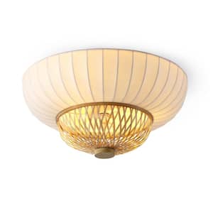 Hikari 20 in. 3-Light Natural Bamboo and White Flush Mount with Silk Fabric Shade Bedroom, Apartment, Foyer