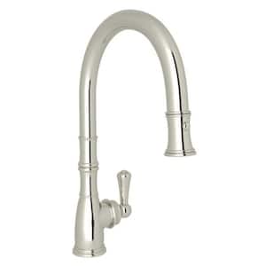 Georgian Era Single Handle Pull Down Sprayer Kitchen Faucet with Secure Docking, Gooseneck in Polished Nickel