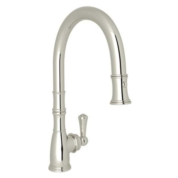 PERRIN & ROWE Georgian Era Single Handle Pull Down Sprayer Kitchen Faucet with Secure Docking, Gooseneck in Polished Nickel