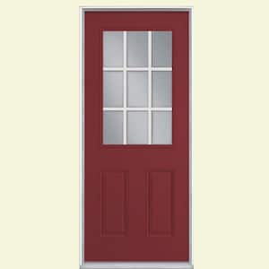 32 in. x 80 in. 9 Lite Painted Smooth Fiberglass Prehung Front Door with No Brickmold