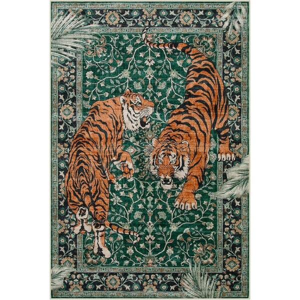 6 ft. x 9 ft. Green Goldene Vintage Tiger Washable Non Slip Soft Area Rug