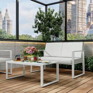 White 2-Piece Metal Patio Conversation Deep Seating Set w/ CushionGuard and Tempered Glass Coffee Table, White Cushions