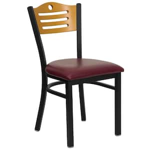 Hercules Series Black Slat Back Metal Restaurant Chair with Natural Wood Back, Burgundy Vinyl Seat